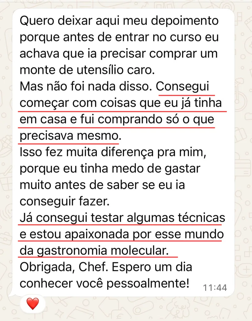 Depoimento de aluno enviado no WhatsApp