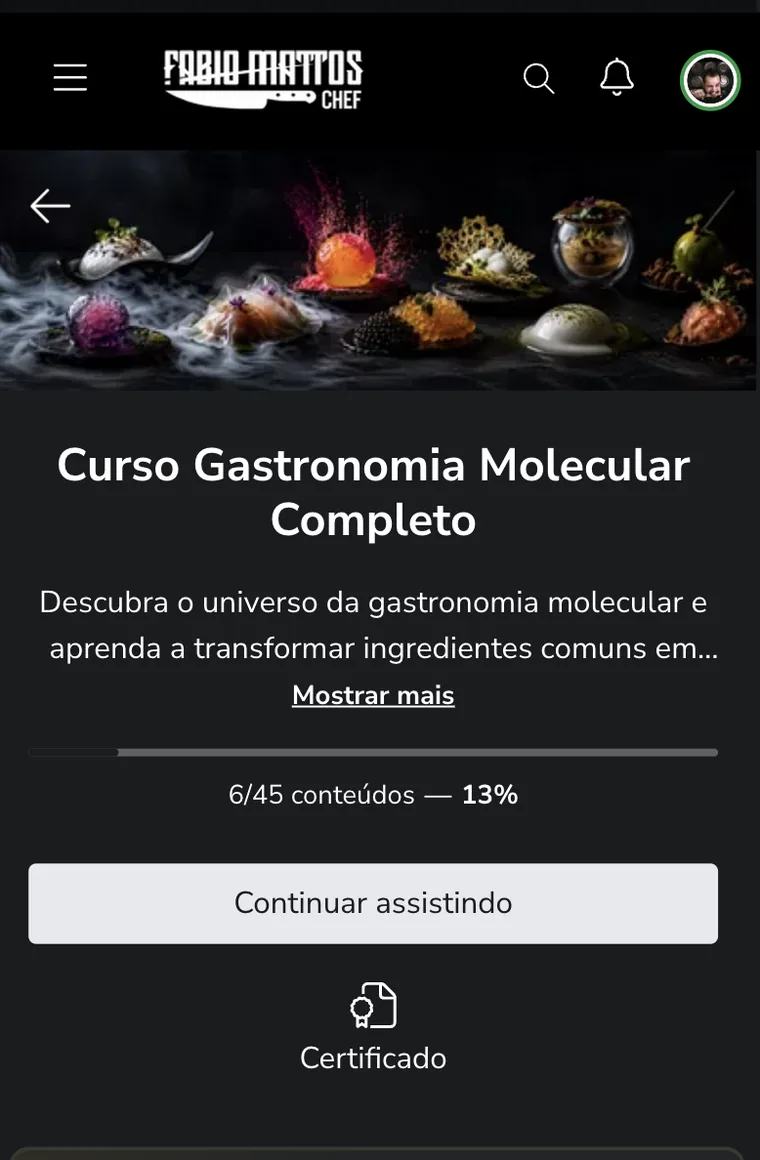 Plataforma do curso com a capa, o progresso das aulas e o certificado